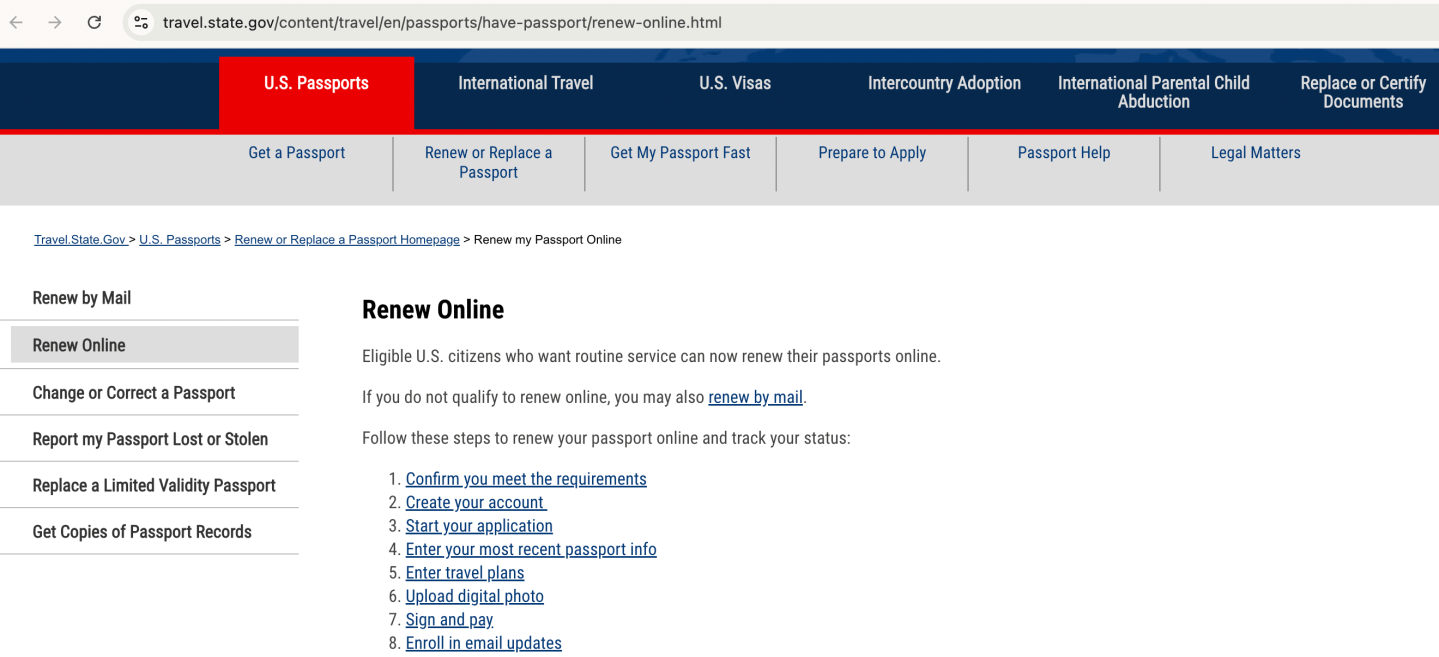 A screenshot of the state department passport renewal website listing the steps to apply for renewal.