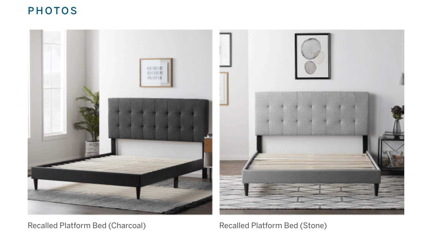 This screenshot shows two different versions of the same bed frame being recalled.
