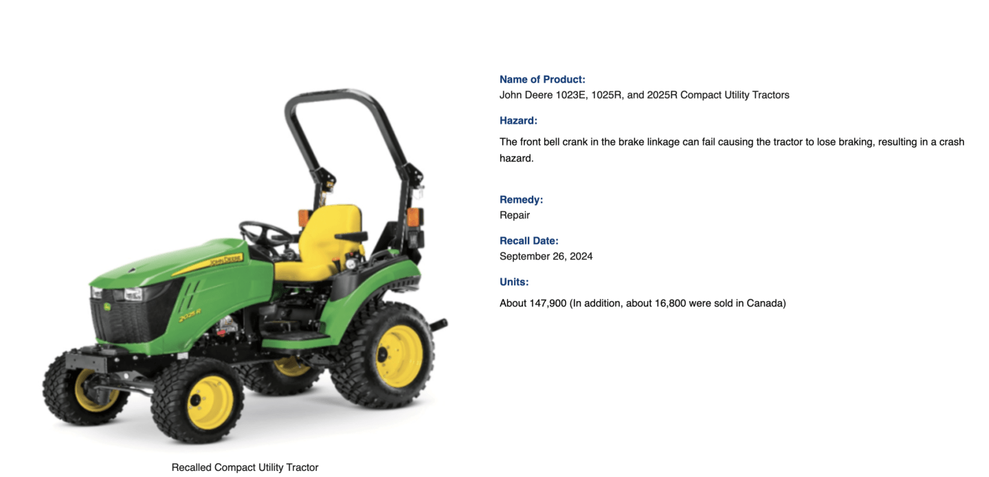 Screenshot of the recalled John Deere tractor.