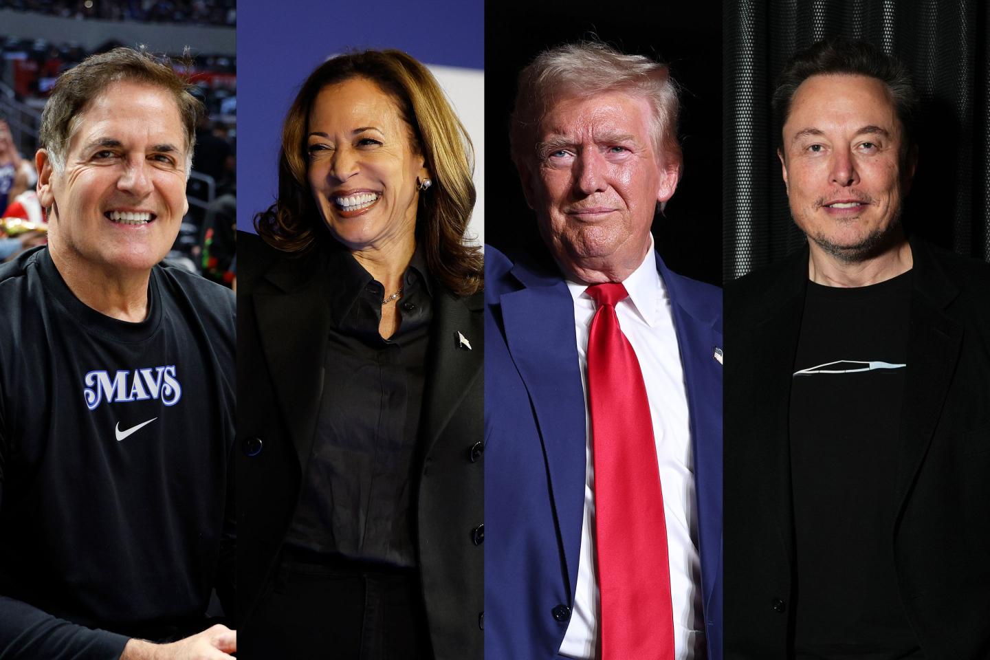 A composite image that left-to-right shows Mark Cuban, Kamala Harris, Donald Trump and Elon Musk