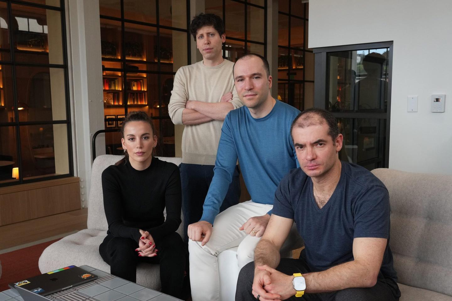 The senior executives of OpenAI, from left: Mira Murati, then chief technology officer; Sam Altman, then chief executive; Greg Brockman, president; and Ilya Sutskever, chief scientist, at the company's headquarters in San Francisco on Monday, March 13, 2023. 