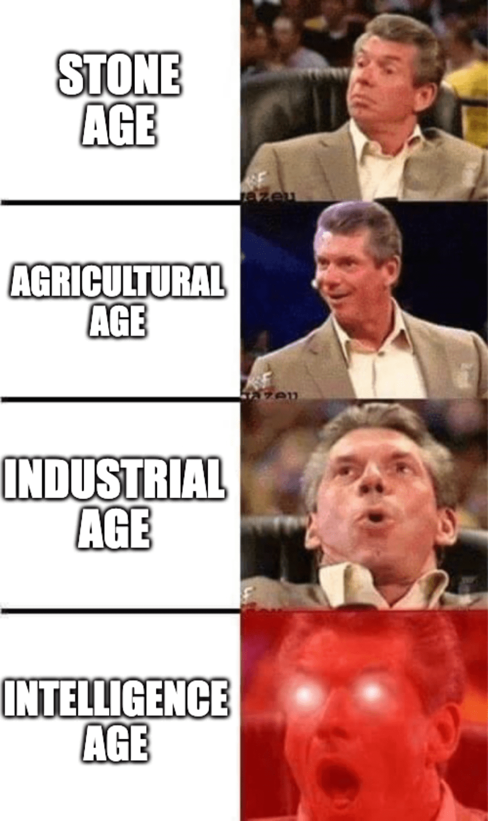A meme featuring four increasingly dramatic expressions of wrestling executive Vince McMahon with the descriptions "Stone Age" "Agricultural Age" "Industrial Age" and "Intelligence Age."