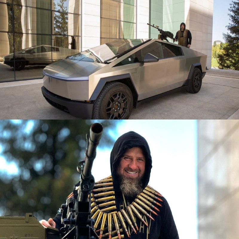Ramzan Kadyrov with his machine gun-mounted Cybertruck.