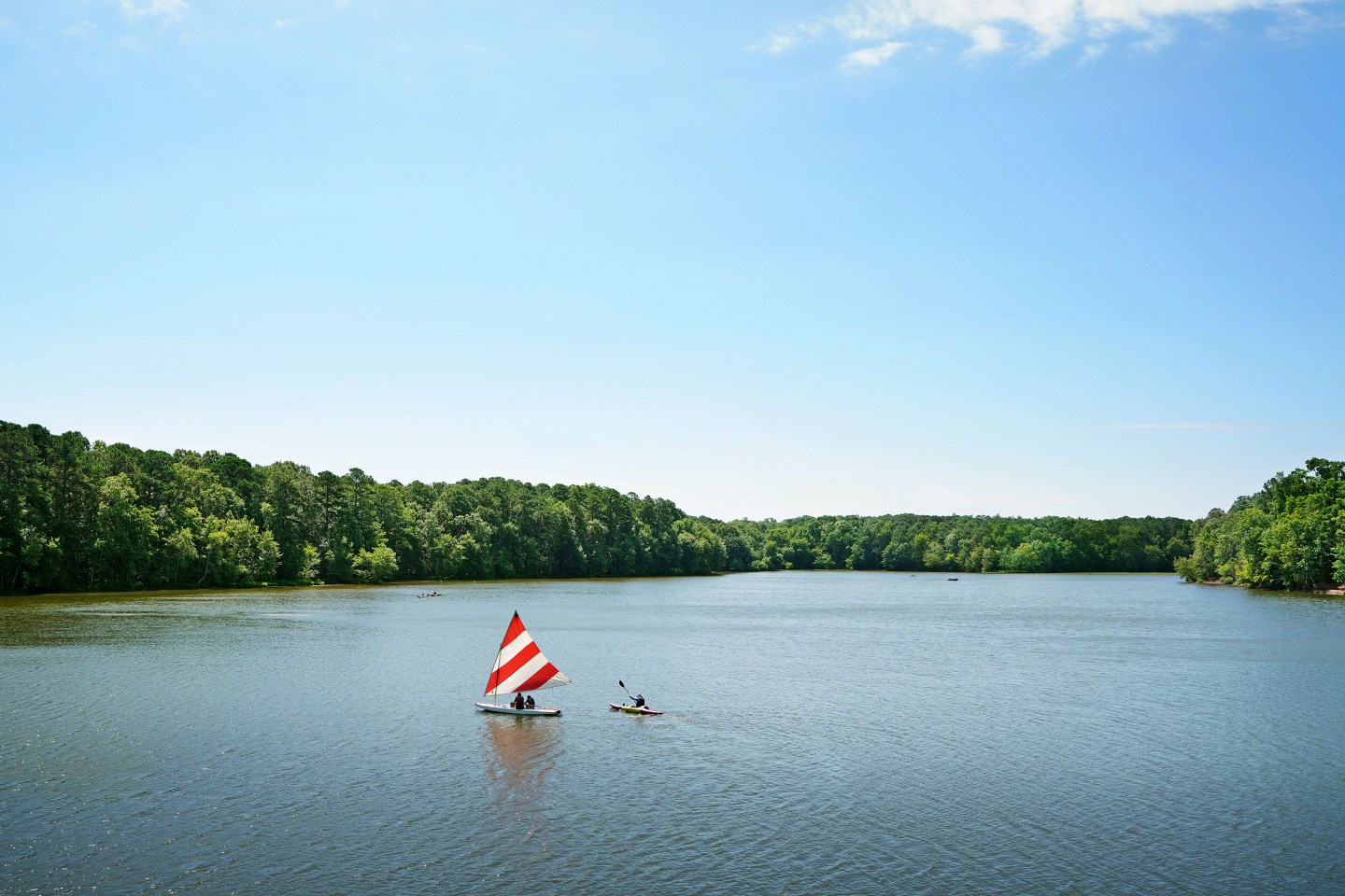 People sailing and kayaking on the Bond Park lake in Cary, North Carolina.