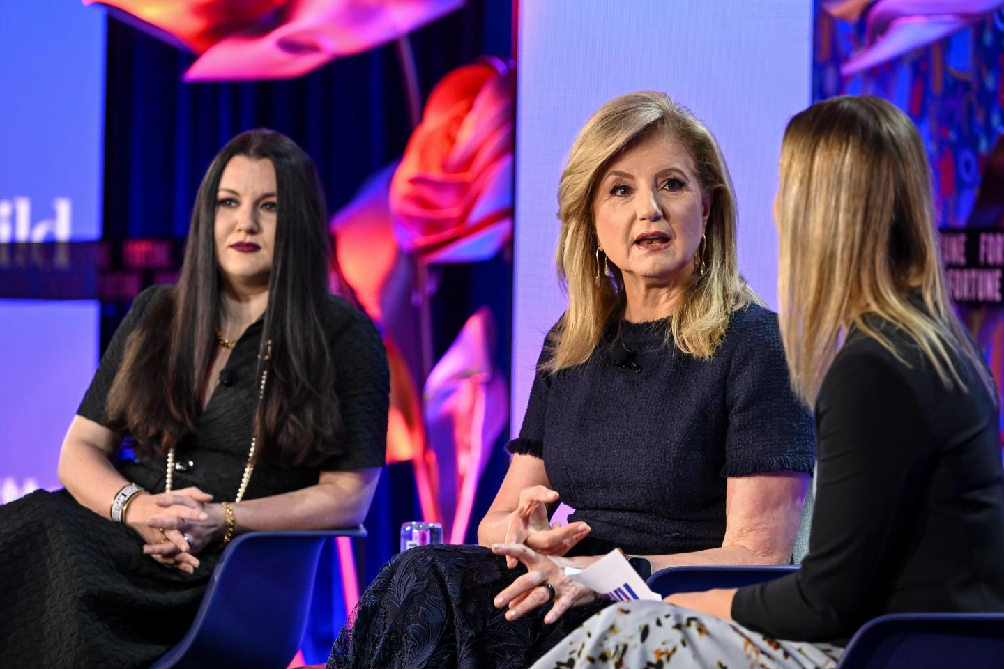 Fidji Simo and Arianna Huffington face the camera and sit with Fortune EIC Alyson Shontell, whose back is to the camera