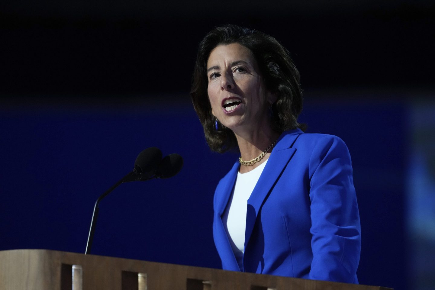 Gina Raimondo, U.S. Secretary of Commerce, speaks during the Democratic National Convention on Aug. 19, 2024, in Chicago. 