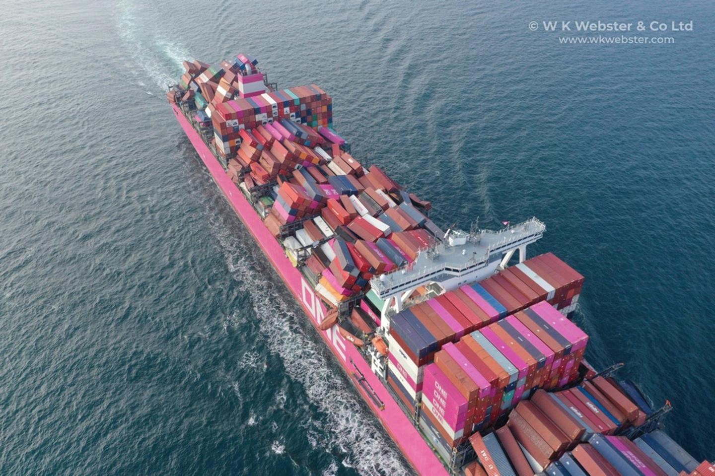 This image provided by W K Webster shows dislodged containers on the cargo ship ONE Apus at Osaka Bay, Japan, on Dec. 7, 2020, after the ship hit heavy swells on a voyage from China to California in November 2020. 