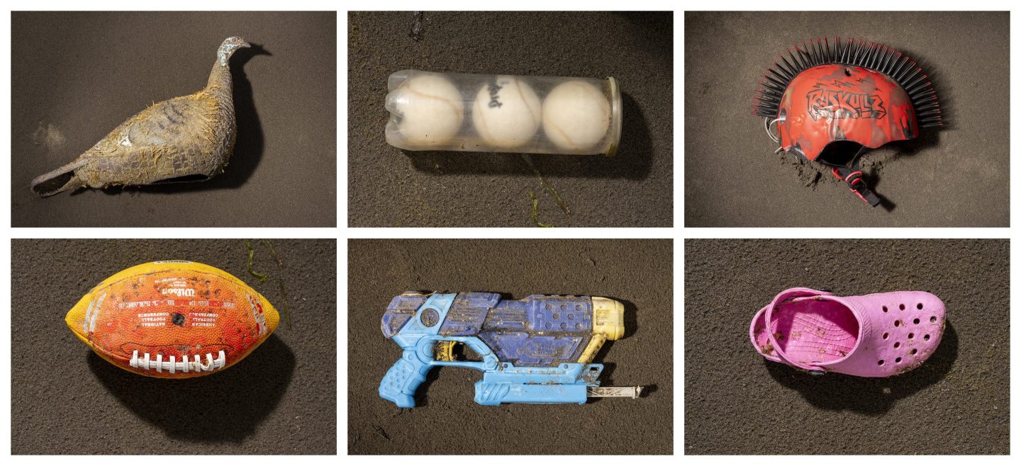 This combination of Monday, June 17, 2024, photos, shows top row from left, a plastic turkey, a container of tennis balls, a child's helmet; and bottom row from left, a toy football, a plastic squirt gun and a Crocs shoe, found by Russ Lewis after they washed up on Long Beach Peninsula in Pacific County, Wash.