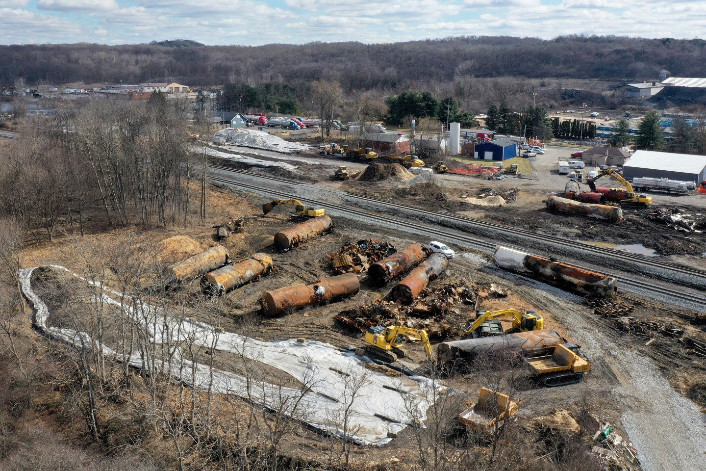 A view of the scene Feb. 24, 2023, as cleanup continues at the site of a Norfolk Southern freight train derailment that happened on Feb. 3, in East Palestine, Ohio.
