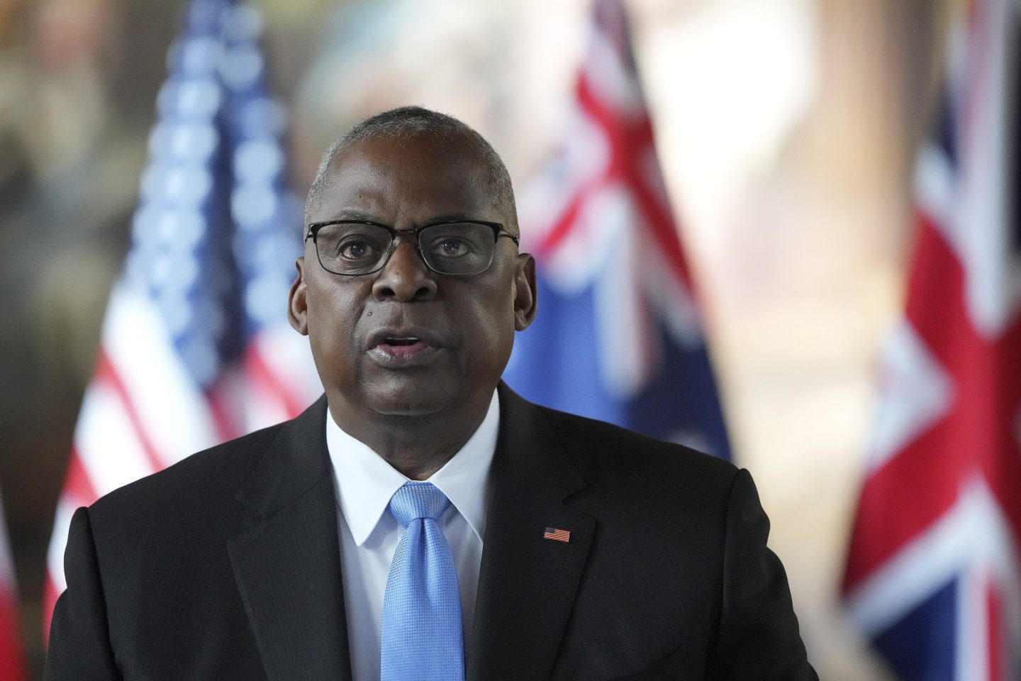 Secretary of Defense Lloyd Austin speaks in Greenwich, London, Sept. 26, 2024.