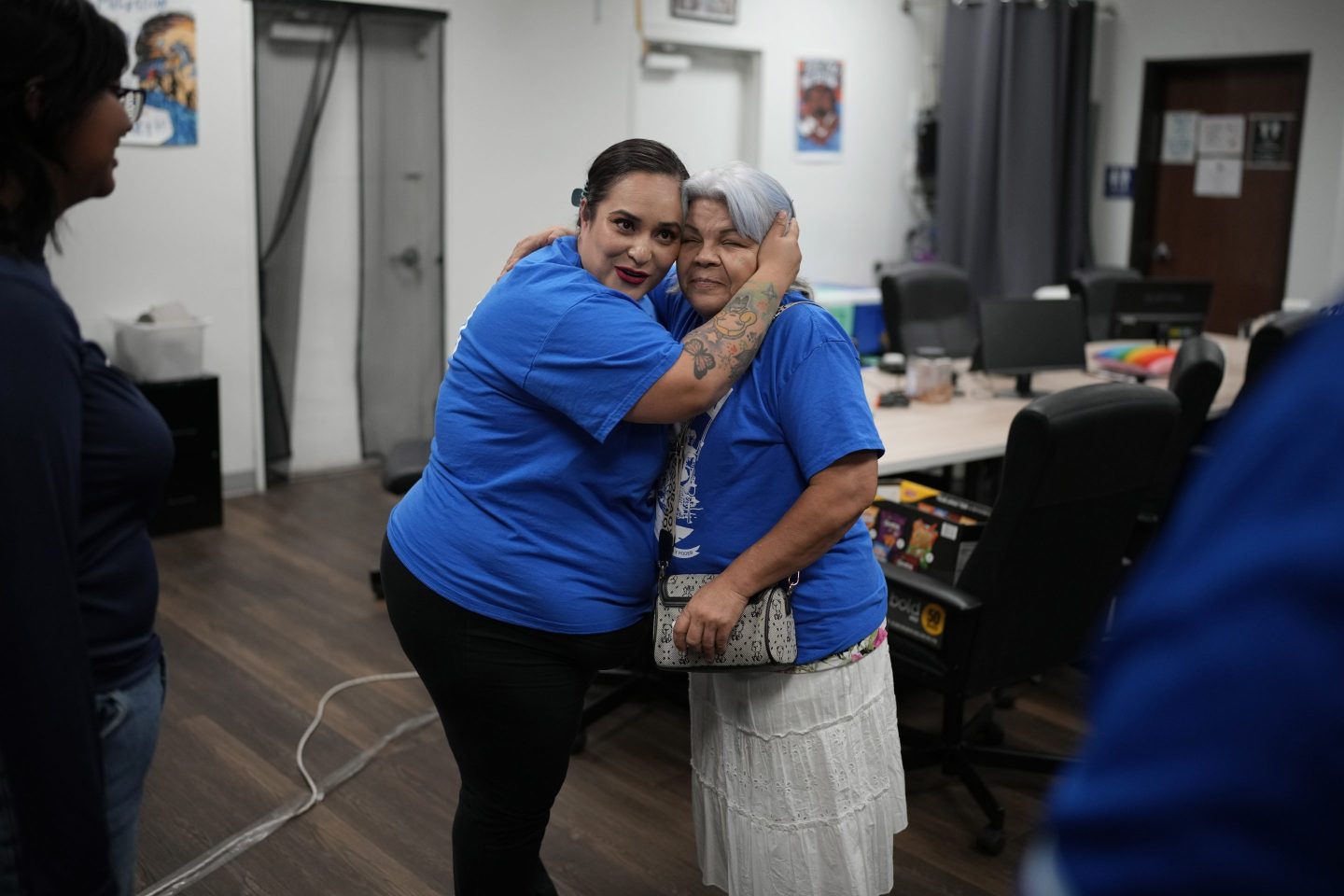 Erika Marquez, left, embraces Leticia Pinedo after a meeting at the nonprofit Make the Road Nevada, Thursday, Sept. 12, 2024, in Las Vegas.