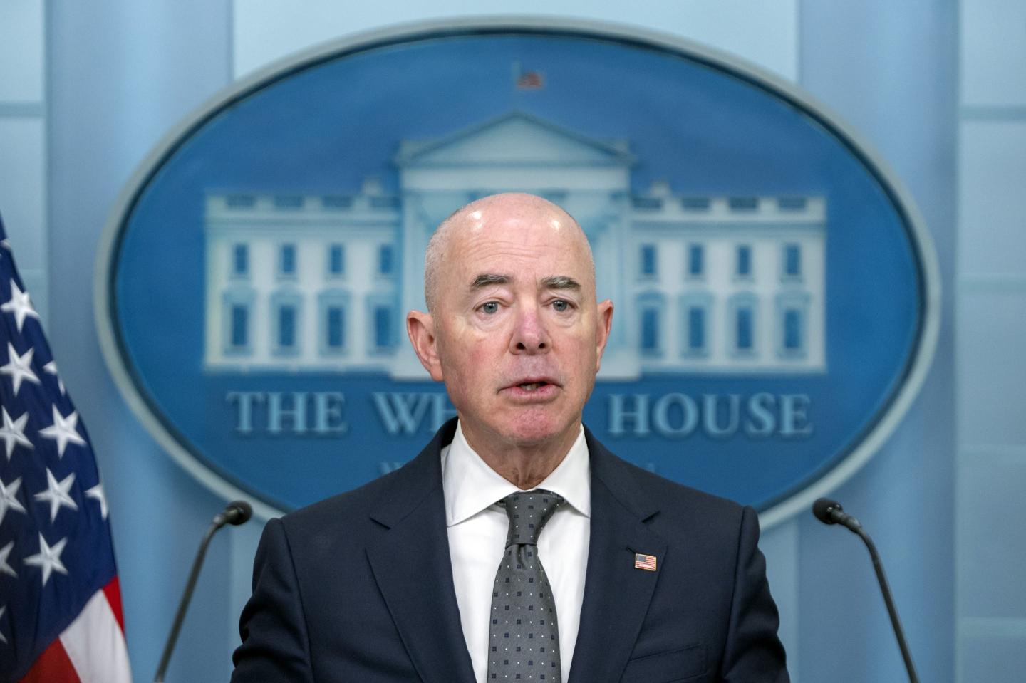 The secretary for the Department of Homeland Security speaks to the press