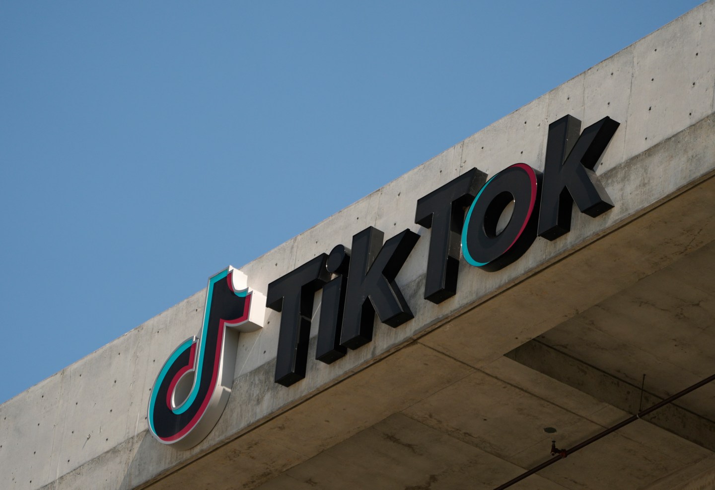 The TikTok logo is seen on their building in Culver City, Calif.