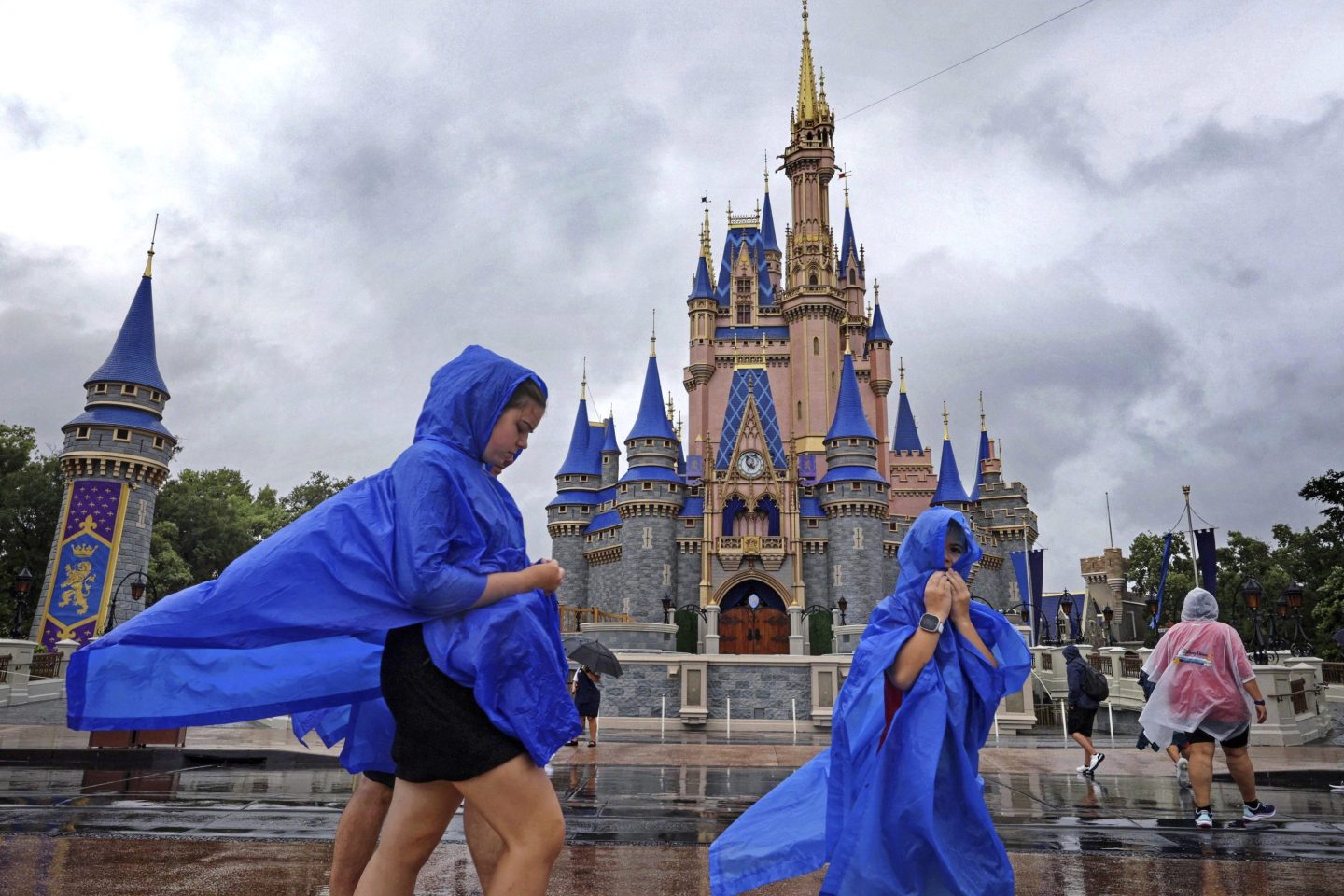 Disney World parkgoers in ponchos as the theme park gets hit by heavy rain