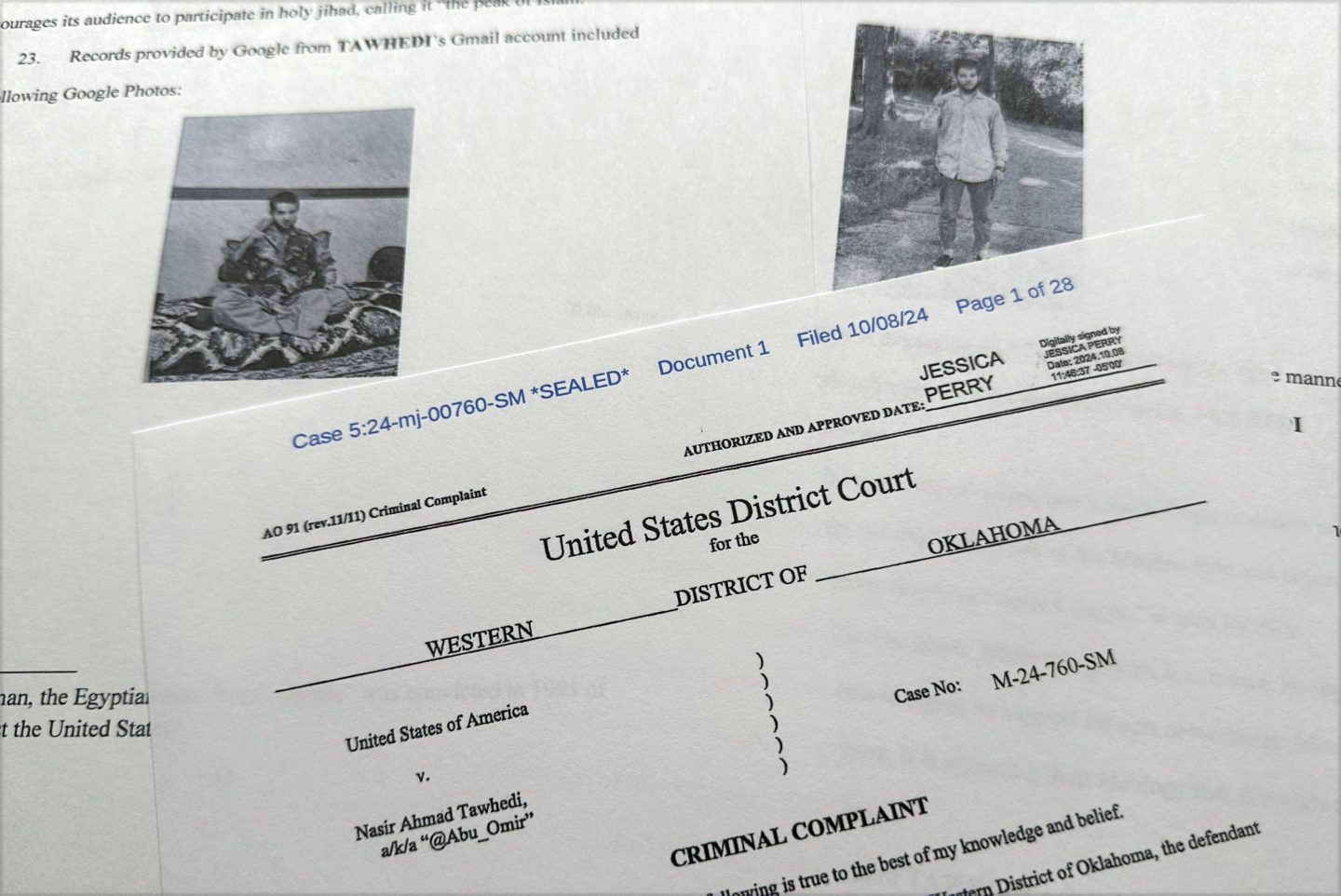 The criminal complaint, filed by the Justice Department, against Nasir Ahmad, 27, of Oklahoma City.
