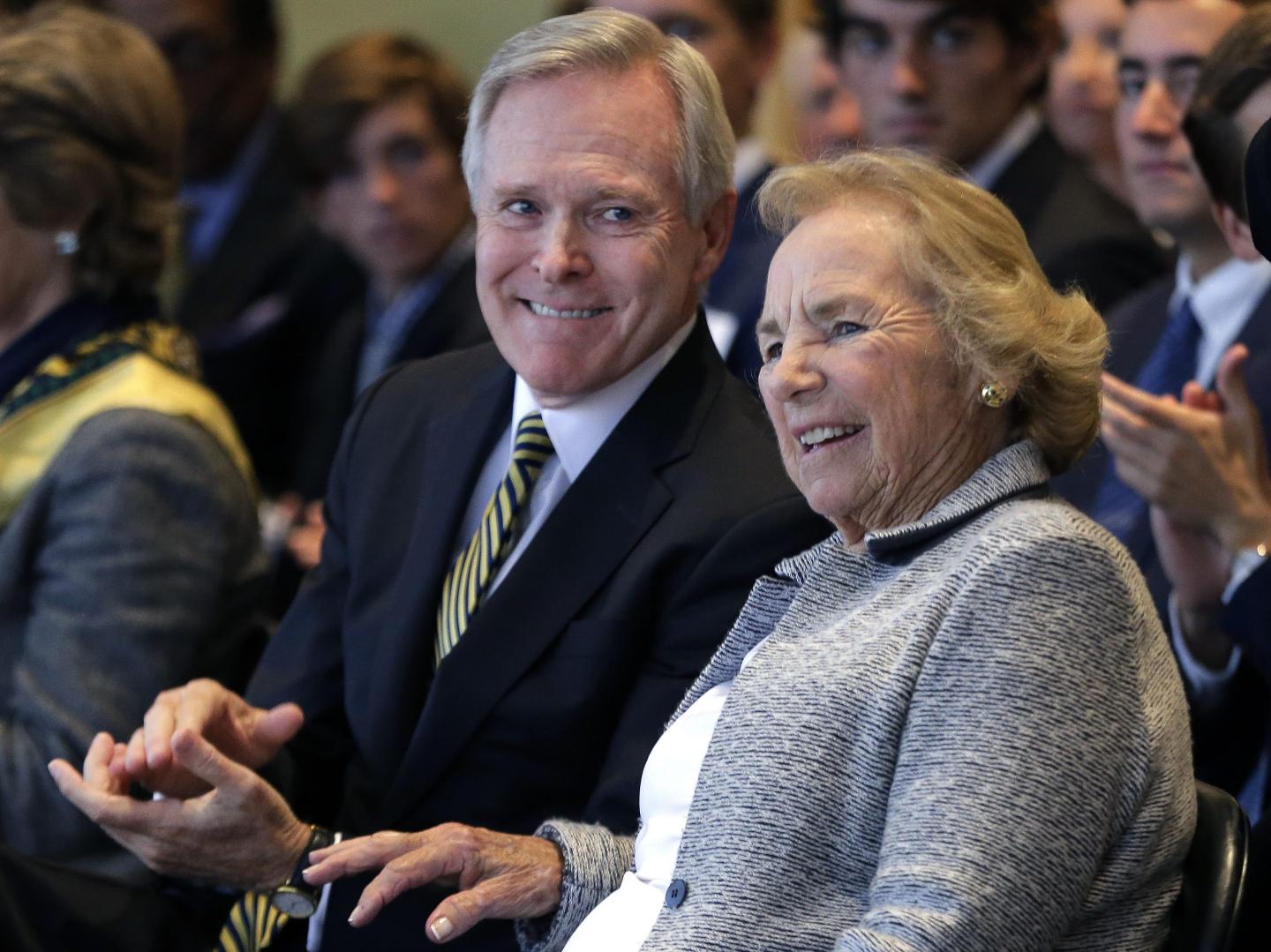 Navy Secretary Ray Mabus smiles with Ethel Kennedy, widow of Sen. Robert F. Kennedy, at the naming of the Robert F. Kennedy Navy Ship at the John F. Kennedy Presidential Library, Tuesday, Sept. 20, 2016, in Boston. Ships in this class are being named in honor of civil and human rights heroes. 