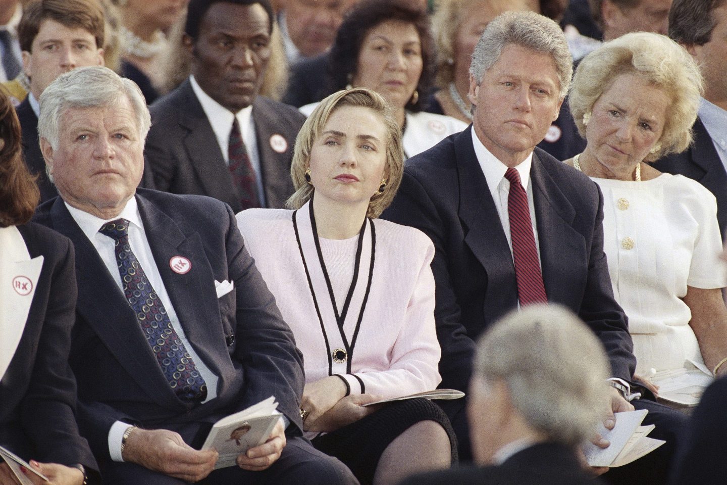 Sen. Edward Kennedy, from left, first lady Hillary Rodham Clinton, President Bill Clinton and Ethel Kennedy, right, listen to a remembrance delivered by Rep. Joseph P. Kennedy II during a memorial Mass in honor of Robert F. Kennedy on the 25th anniversary of his death at the Arlington National Cemetery in Arlington, Va., June 7, 1993.