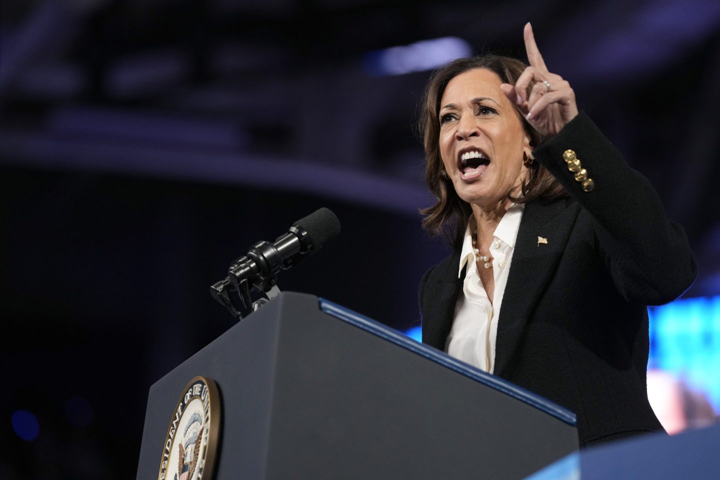 Democratic presidential nominee Vice President Kamala Harris speaks at a campaign rally at East Carolina University in Greenville, N.C., on Oct. 13, 2024.
