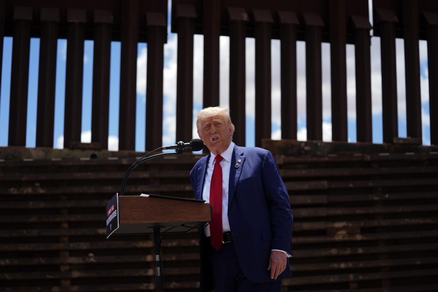 Republican presidential nominee former President Donald Trump speaks along the southern border with Mexico, on Aug. 22, 2024, in Sierra Vista, Ariz.