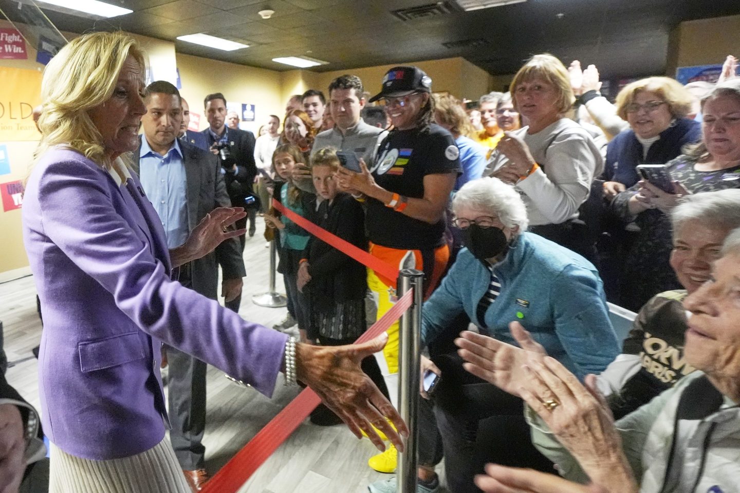 First lady Jill Biden greets supporters after speaking during a campaign stop on Oct. 14, 2024, in Madison, Wis.