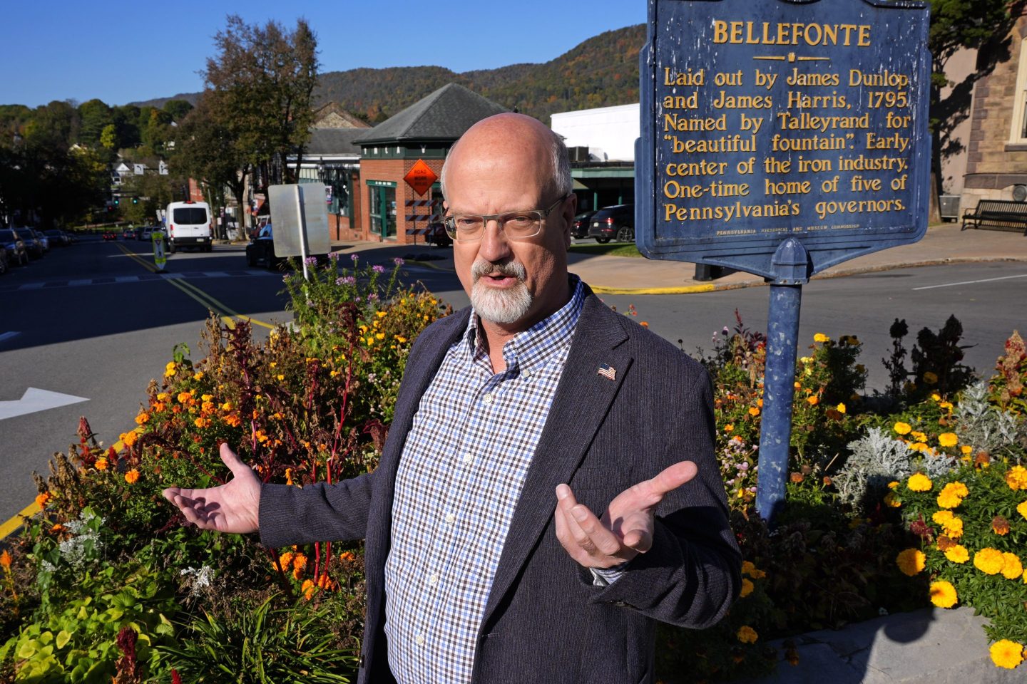 Centre County Commissioner Mark Higgins stands in downtown Bellefonte, Pa., on Oct. 18, 2024.
