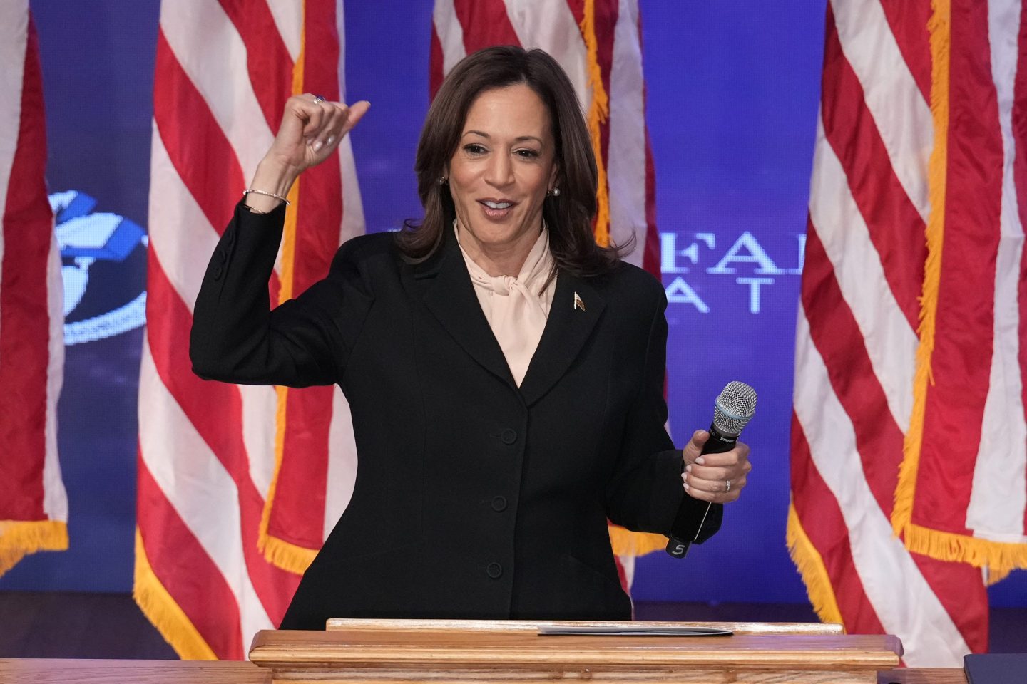 Democratic presidential nominee Vice President Kamala Harris speaks at a podium.