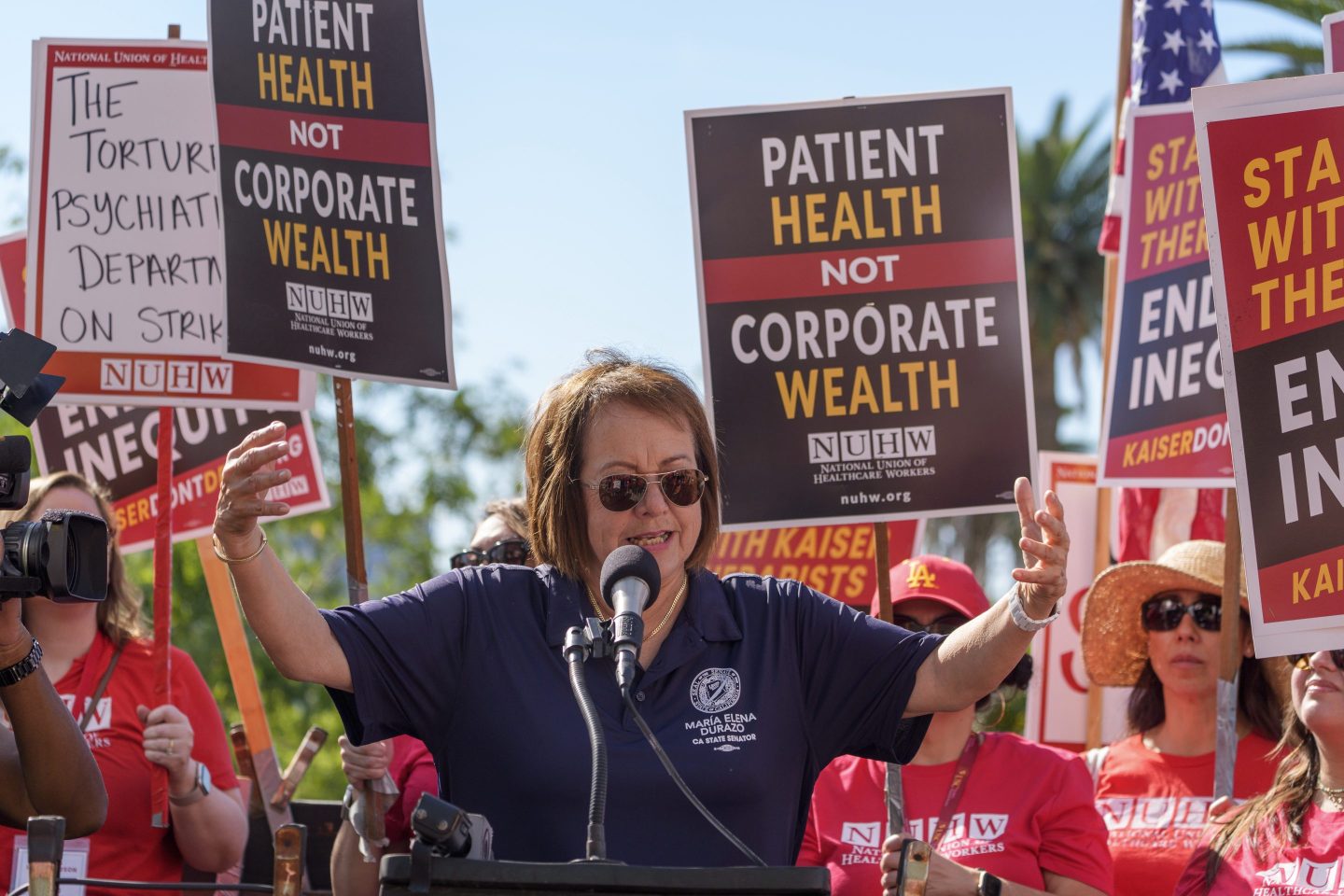 California Democratic state Sen. María Elena Durazo speaks at a worker strike.