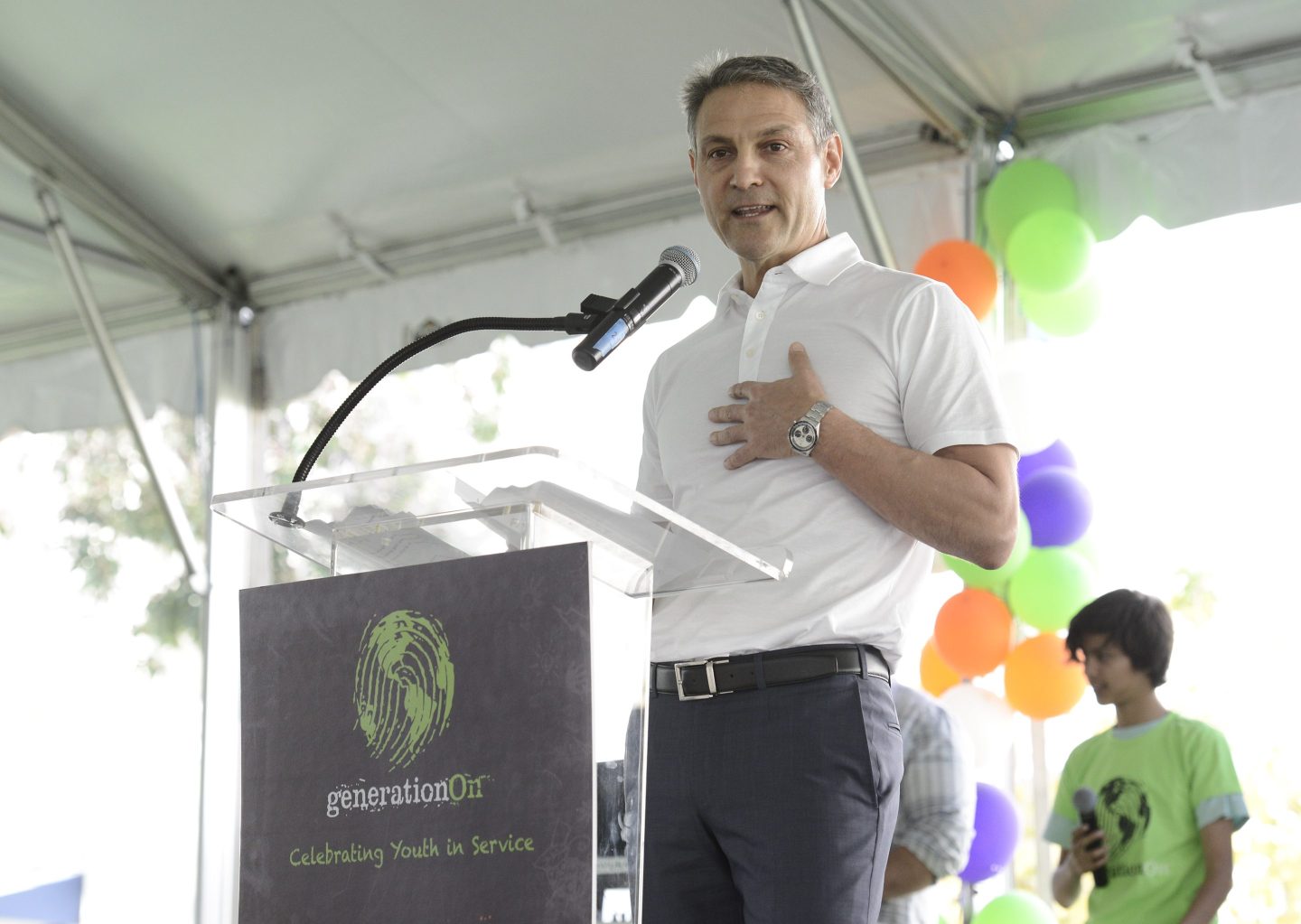 WME Co-CEO Ari Emanuel speaks at the generationOn block party at Fox Studios in Los Angeles on April 18, 2015.