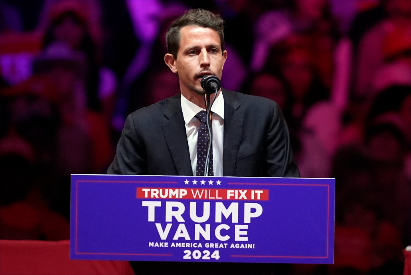 Tony Hinchcliffe speaks before Republican presidential nominee former President Donald Trump during a campaign rally at Madison Square Garden, on Oct. 27, 2024, in New York.