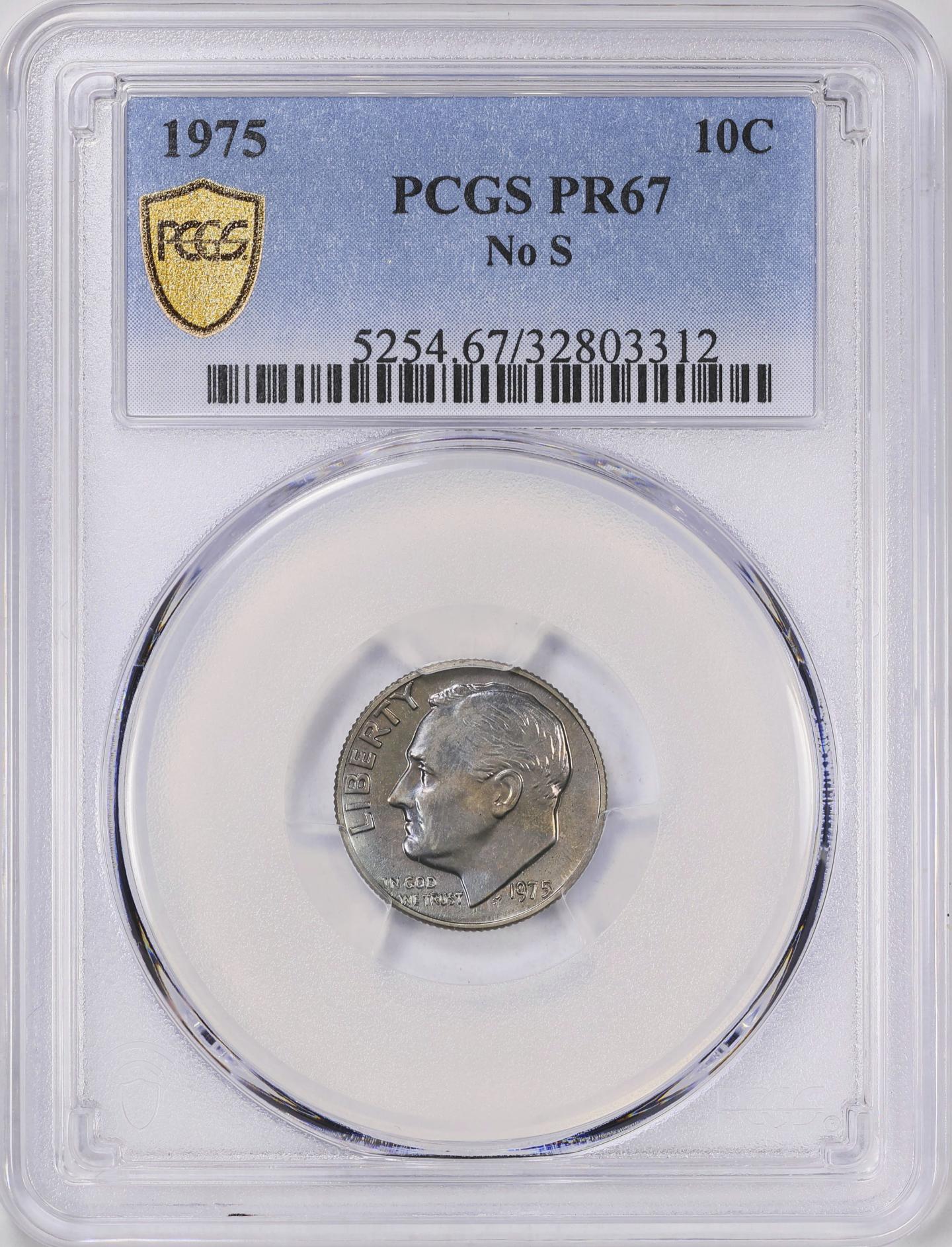 This undated image provided by GreatCollections shows a 1975 proof set dime mistakenly made without the San Francisco Mint's letter S mintmark. 