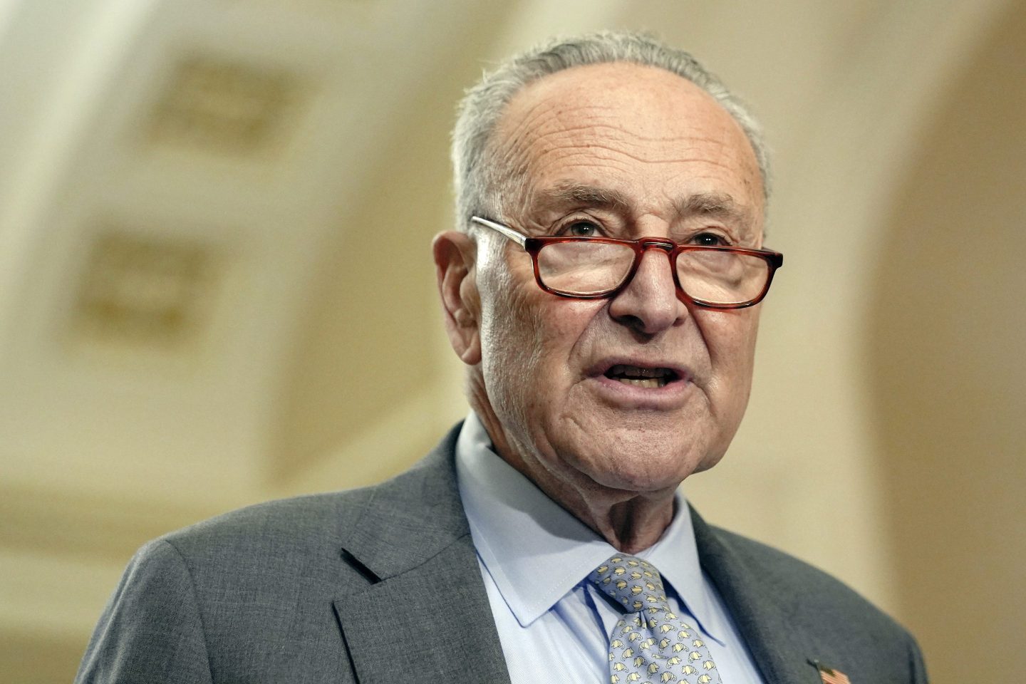 Sen. Majority Leader Chuck Schumer, D-N.Y., talks after a policy luncheon on Capitol Hill, Sept. 24, 2024, in Washington.