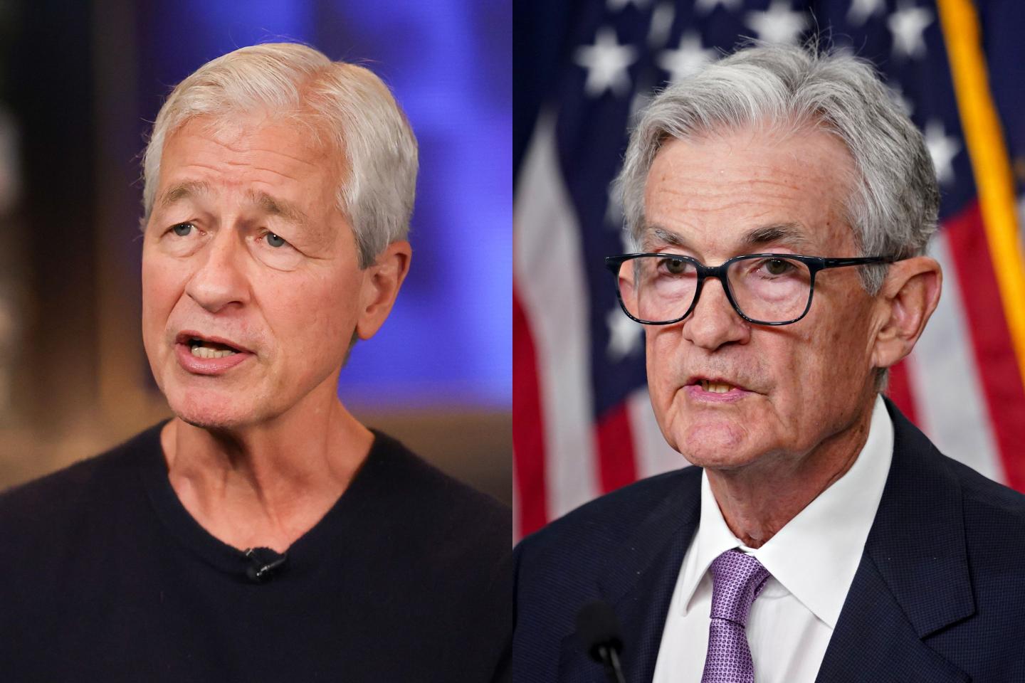 Left: JPMorgan CEO Jamie Dimon. Right: Fed chairman Jay Powell.