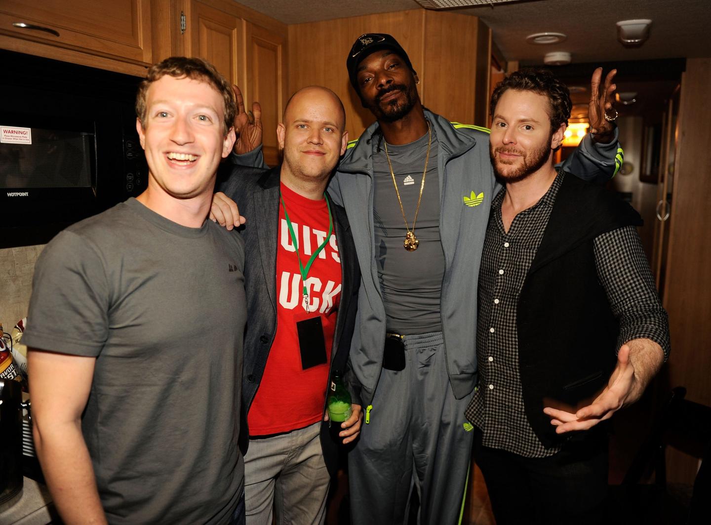 Photo showing, left to right: Mark Zuckerberg, Daniel Ek, Snoop Dogg, and Sean Parker