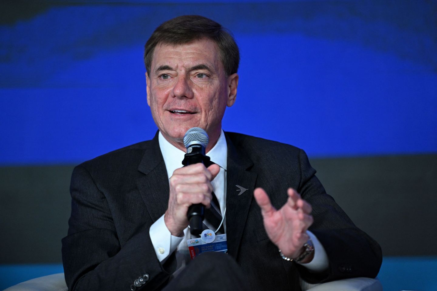 Embraer CEO Francisco Gomes Neto addresses the gathering on the first day of the three-day B20 Summit in New Delhi on August 25, 2023. (Photo by Sajjad HUSSAIN / AFP) (Photo by SAJJAD HUSSAIN/AFP via Getty Images)