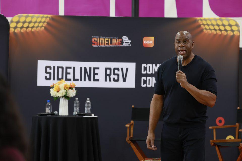 Los Angeles Lakers legend Earvin “Magic” Johnson speaks as he and GSK are joined by health care professionals and patient advocates to educate and raise awareness on the risk of respiratory syncytial virus (RSV) infection for people 60 and older at the Crenshaw Family YMCA in Los Angeles Tuesday, Oct. 17, 2023.