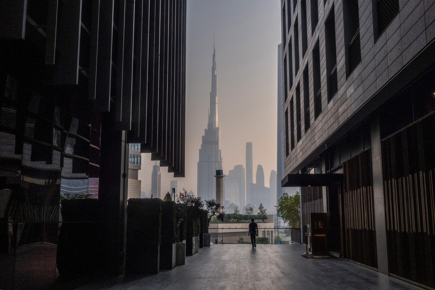 The Burj Khalifa (center) viewed from the Dubai International Financial Centre district.