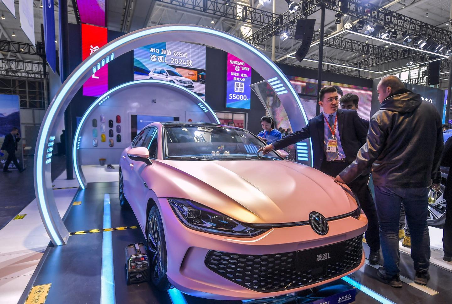 People view Volkswagen Lingdu L car during 2024 Xinjiang International Auto Show on March 13, 2024 in Urumqi, Xinjiang Uygur Autonomous Region of China.