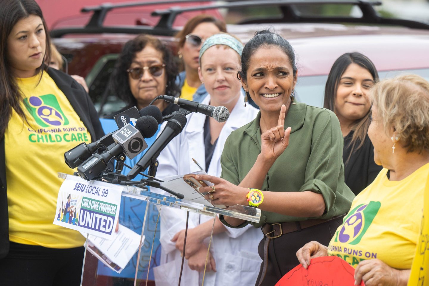 s child care providers and working moms rally for national child care and livable wages for child care providers, Los Angeles City Councilwoman Nithya Raman, a mother of twins, laments only one day for mothers and says she would give up Mothers Day for national child care during the nationwide campaign, A Day Without Child Care, in Reseda on May 13, 2024.