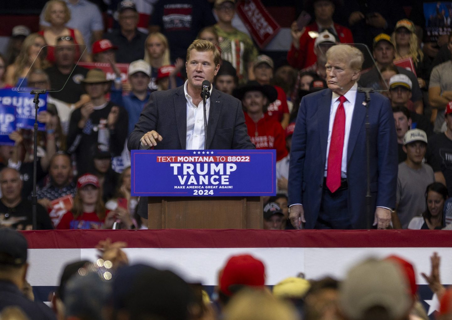 GOP Senate candidate Tim Sheehy at a rally with Donald Trump in Bozeman, Mont., on Aug. 9.