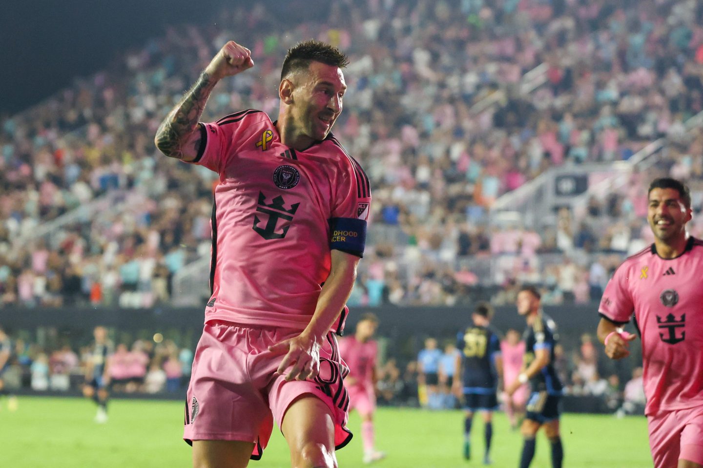 Inter Miami's #10 Lionel Messi celebrates his first goal during the Major League Soccer (MLS) regular season football match between Inter Miami and Philadelphia Union at Chase Stadium in Fort Lauderdale, Florida on Sep. 14.