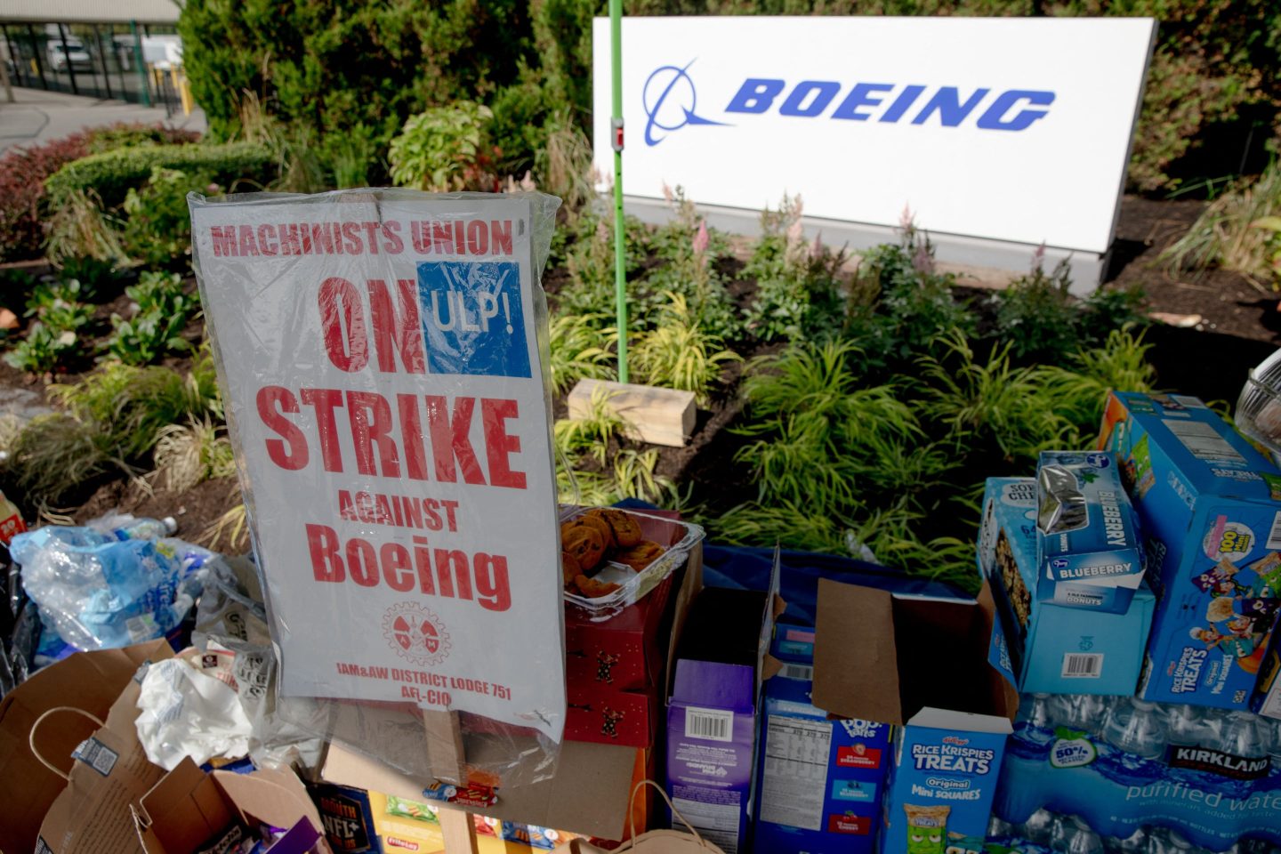 Boeing Co. workers and supporters set up a striking station outside the Boeing Co. manufacturing facility in Renton, Washington.