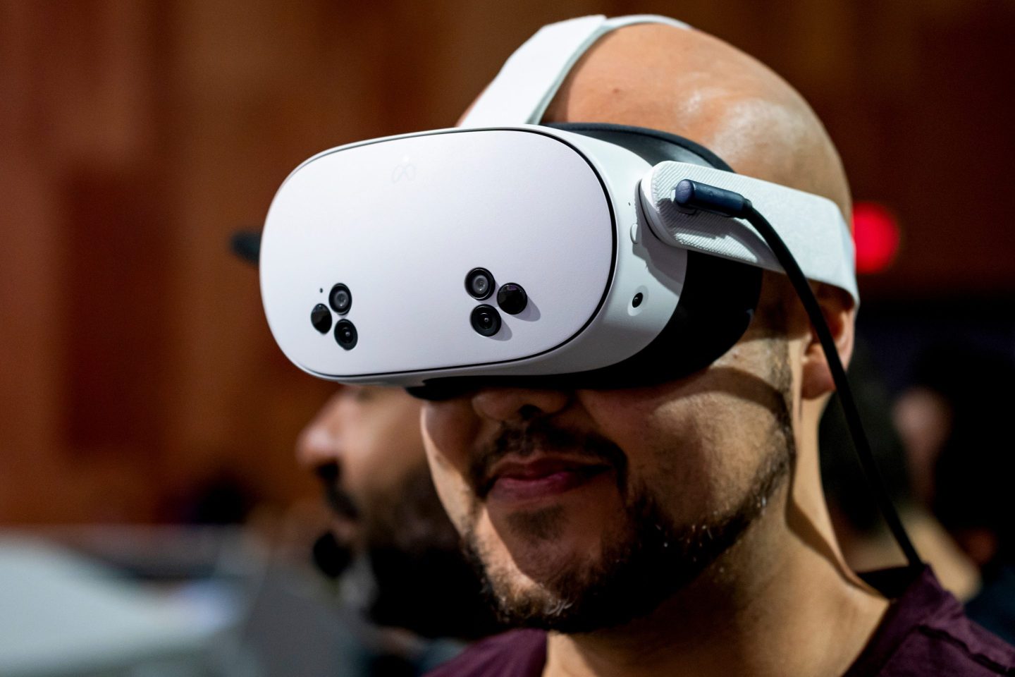 An attendee wears a Quest 3s virtual reality headset during the Meta Connect event in Menlo Park, Calif. on Sept. 25, 2024.