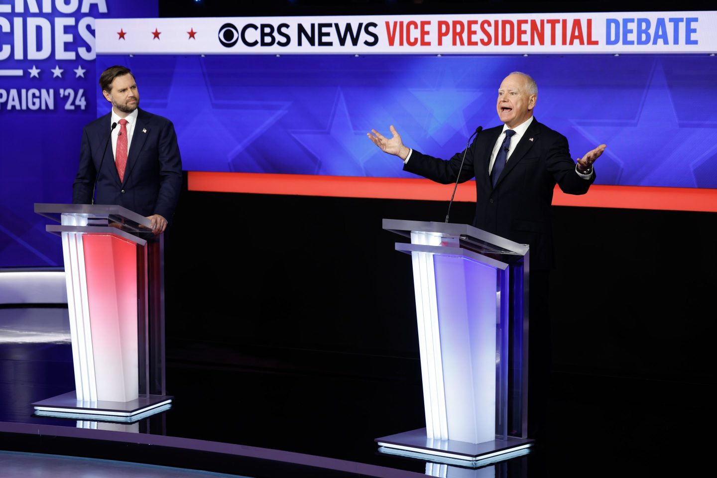 Republican vice presidential candidate, Sen. JD Vance (R-OH), and Democratic vice presidential candidate, Minnesota Gov. Tim Walz, participate in a debate at the CBS Broadcast Center on Oct. 1.