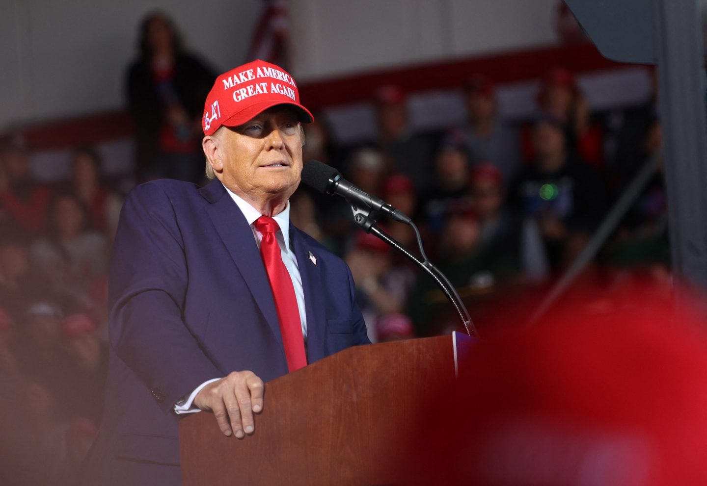 Former US President and Republican presidential candidate Donald Trump speaks during a campaign rally