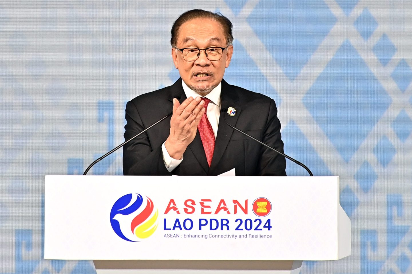 Malaysia’s Prime Minister, Anwar Ibrahim, speaks at the closing ceremony of the Association of Southeast Asian Nations (ASEAN) Summit in Vientiane, Laos, on Oct. 11, 2024.