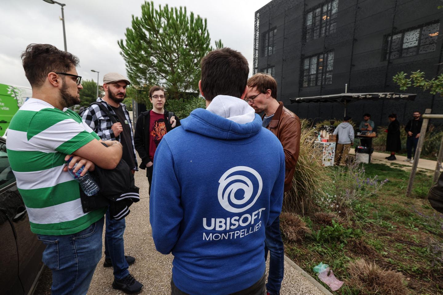 Staff standing outside Ubisoft's office in Montpellier, southern France.