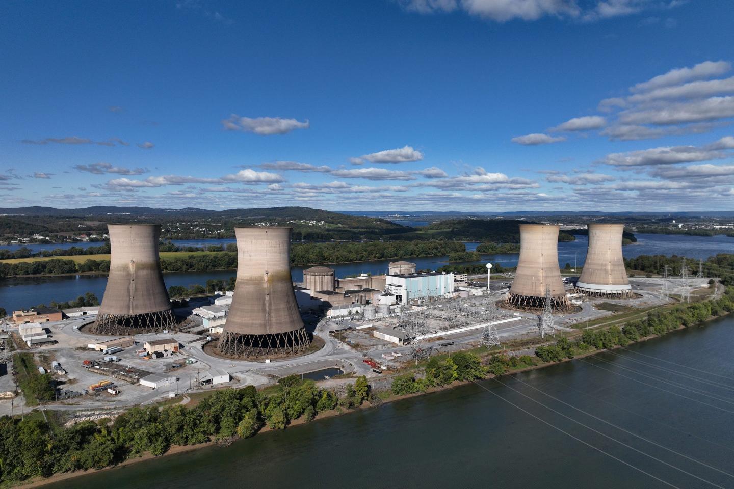 An aerial view of Three Mile Island, site of one of the worst nuclear disasters in history