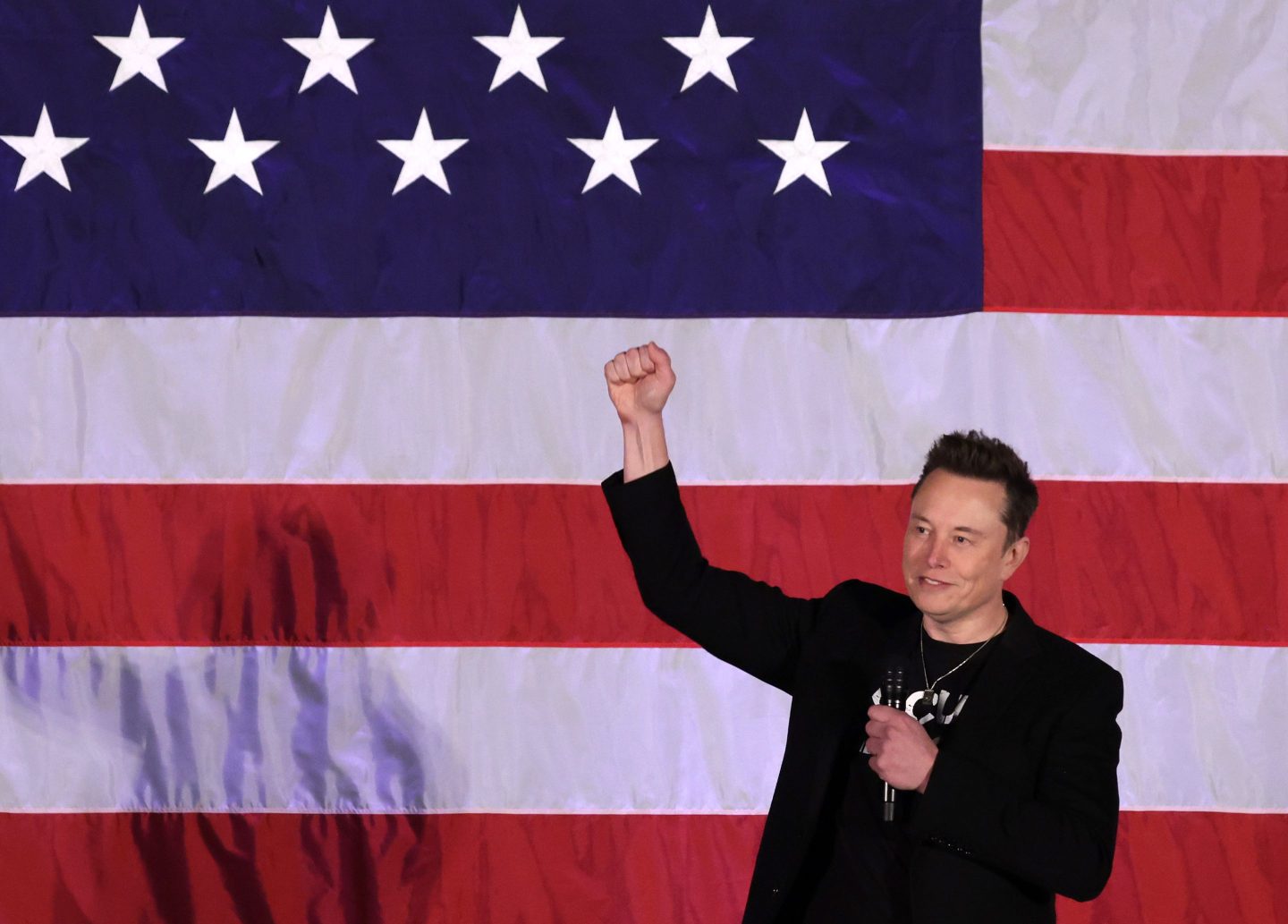 Elon Musk raises a fist in front of the American Flag.