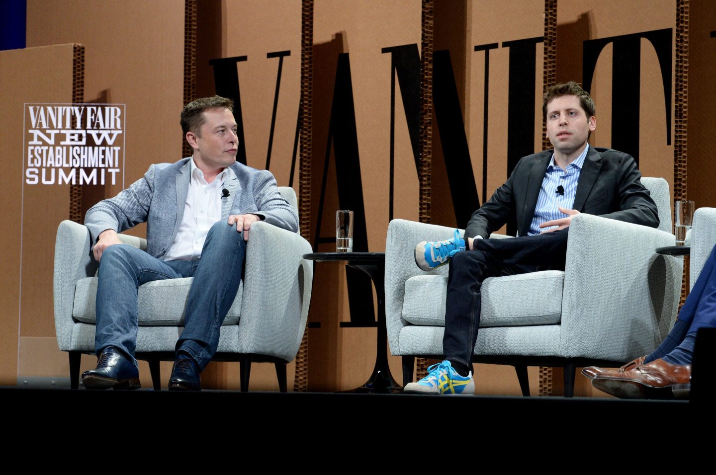 Elon Musk and Sam Altman in happier times—at the Vanity Fair New Establishment Summit at Yerba Buena Center for the Arts on Oct. 6, 2015, in San Francisco.