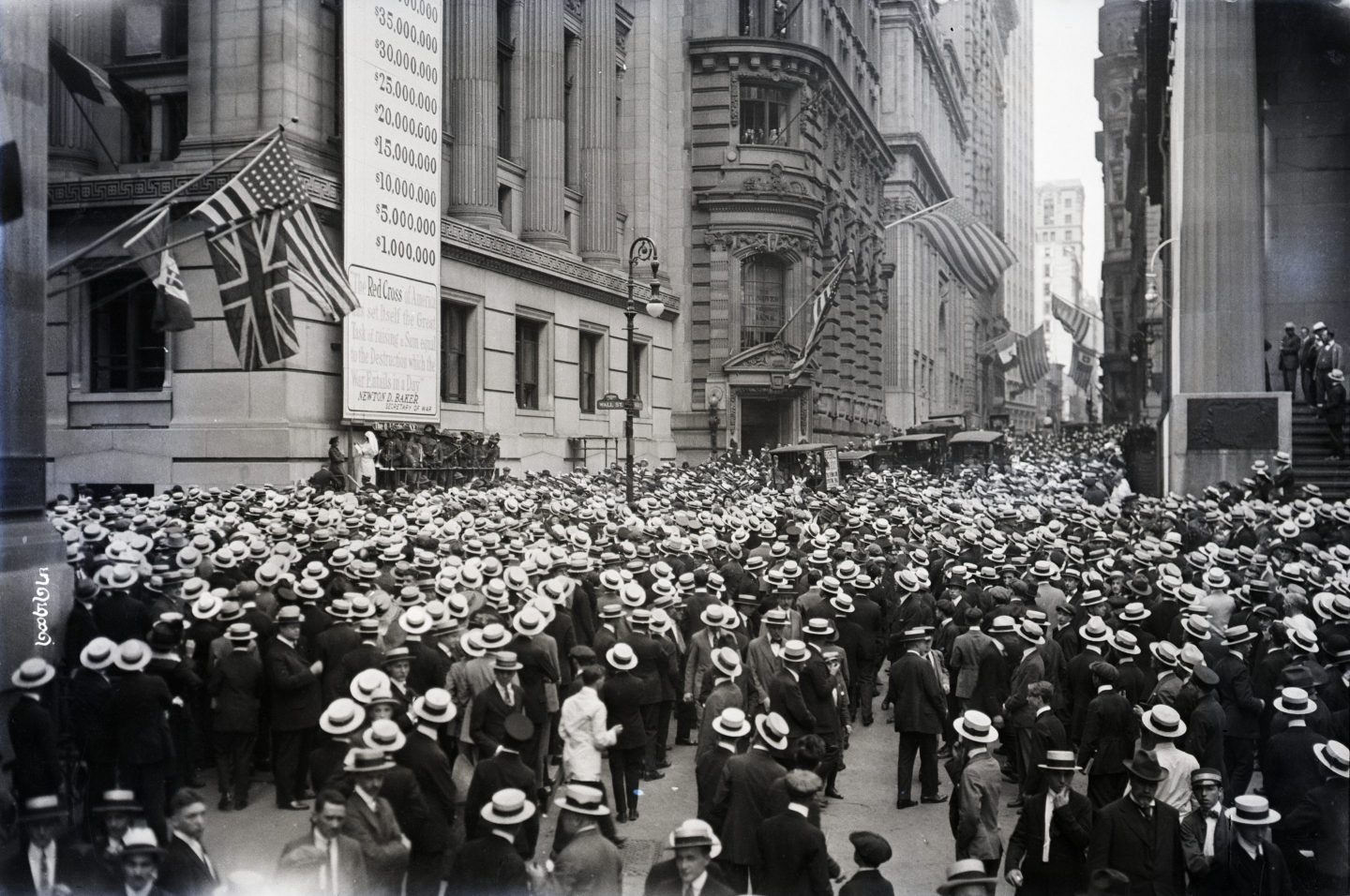 Crowd at Wall Street watching Red Cross Fund swell.